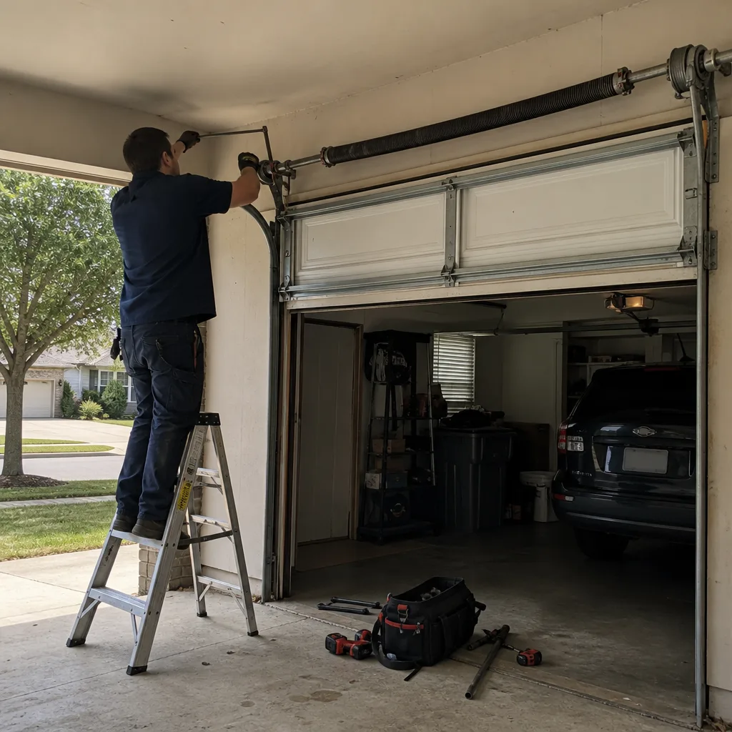 Technician performing professional residential garage door spring repair and maintenance.