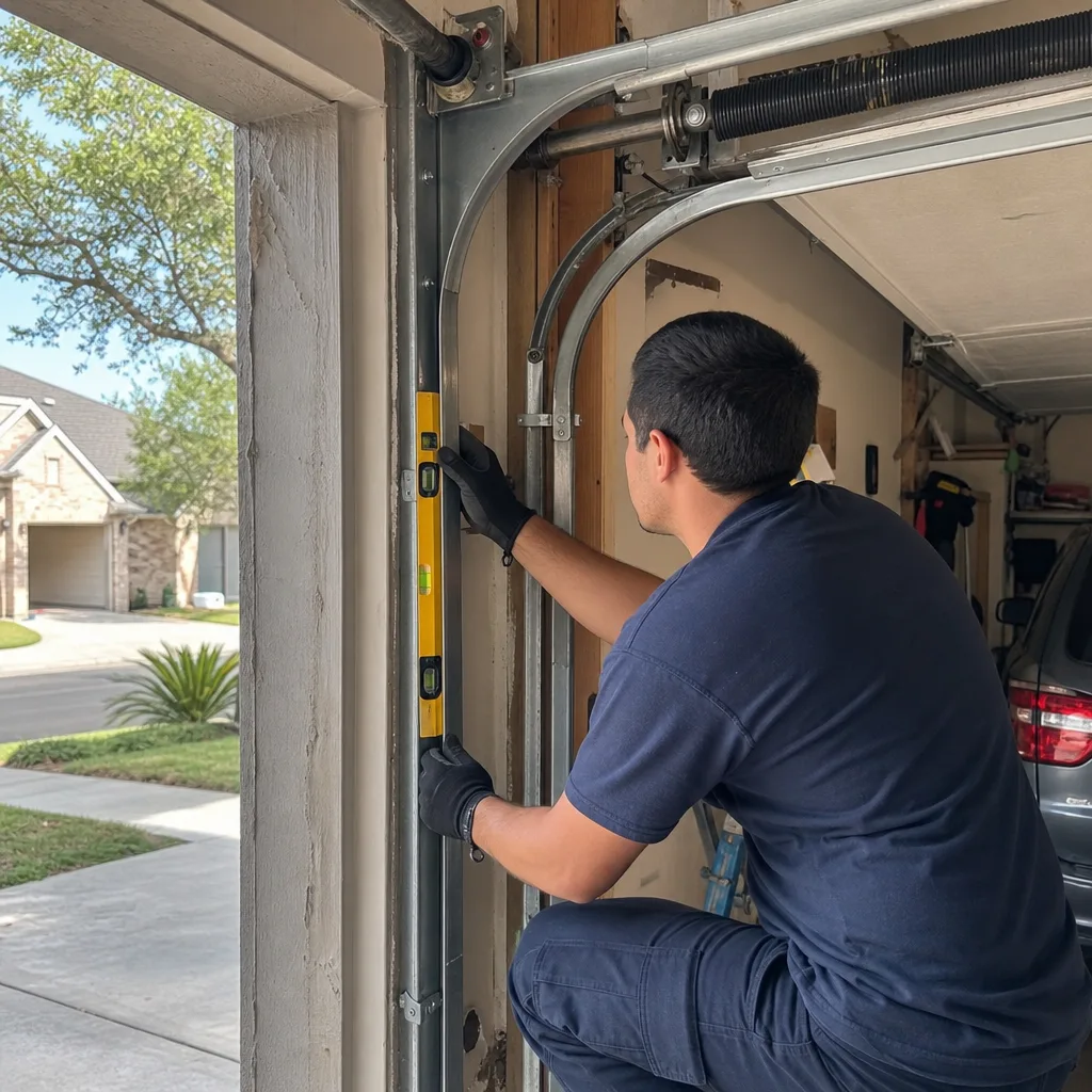 Technician checking garage door track alignment with a level
