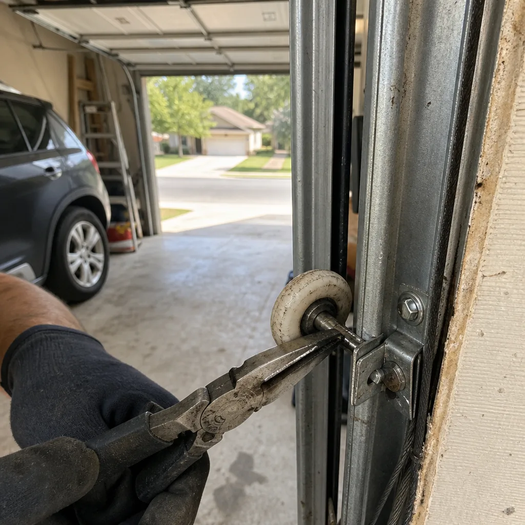 Technician using pliers to perform professional garage door roller repair