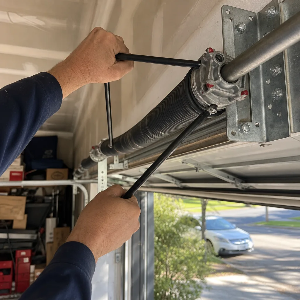 Technician performing professional garage door torsion spring repair and adjustment